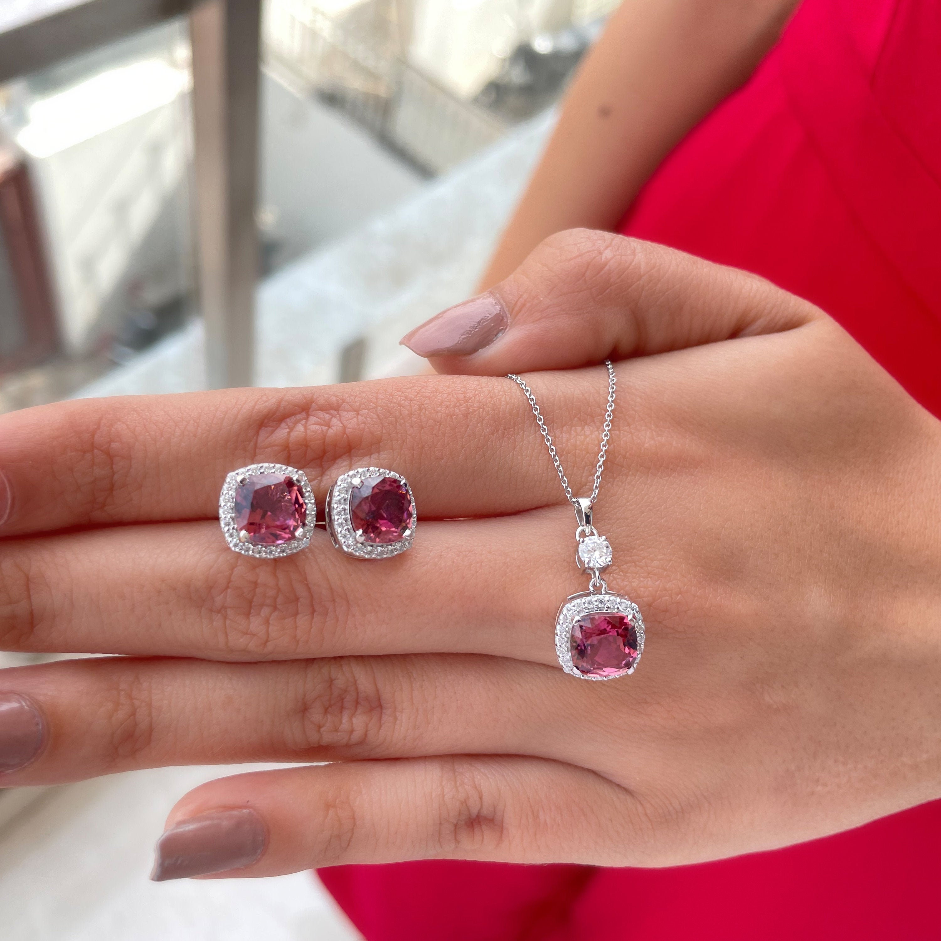 7.25 Ct Tourmaline Jewelry Set, Moissanite Halo Earrings, Pink Necklace, Pendant & Earring Bridal Set