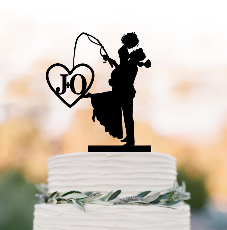 Personalized Initial Wedding Cake Topper Fishing, Heart Topper, Fisherman Groom Lifting Bride Silhouette