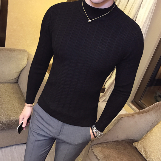 Autumn and Winter Mens Fashion Striped Boutique Wool Blend Casual Round Neck Knitted Sweaters / Mens Slim Warm Sweater - black, 3xl (eur l)
