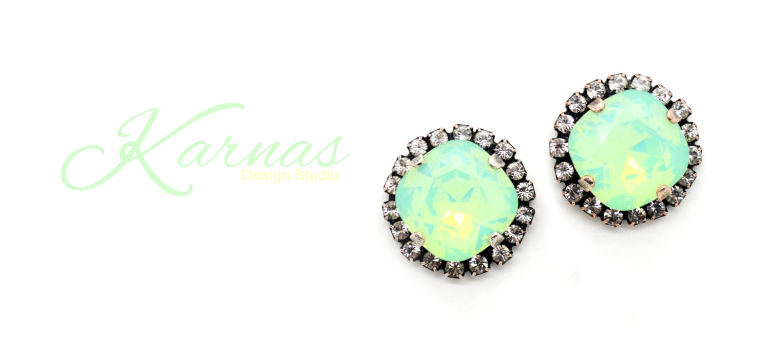 Paris Opal 12mm Cushion Cut Halo Stud Earrings K.d.s. Premium Crystal Antique Silver Karnas Design Studio Free Shipping