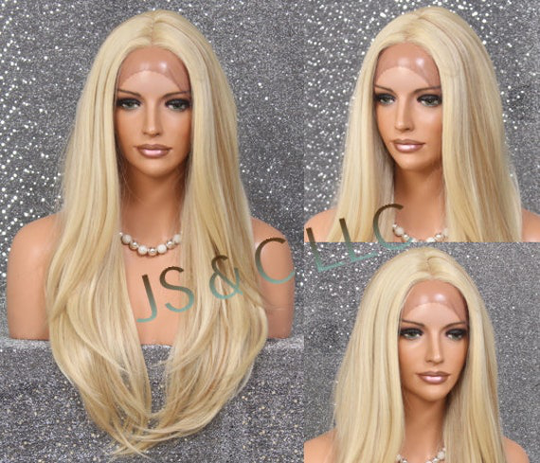 Blonde Mixed Human Hair Blend Lace Front Wig Silky Straight Long Layered Side Center Hand Tied Mono Part Beautiful Cancer Alopecia