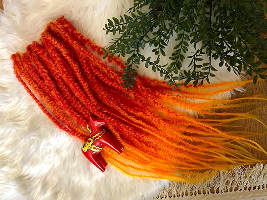Synthetic Braids Fishtail Blend Made By Hand Loose Ends Colors Red & Orange Accent Flame Set Dreadlocks