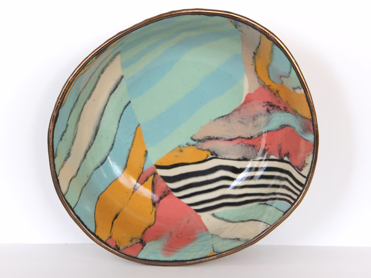 Colorful Nerikomi Ceramic Bowl, Blue Yellow Pink Mixed Pattern Dish, Summer Colors Tropical Stoneware Ramen Bowl, Contemporary Striped Bowl
