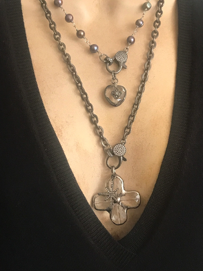 Gunmetal Flower Soldered Crystal Long Necklace/Gunmetal Heart Pendant & Pearl Necklace