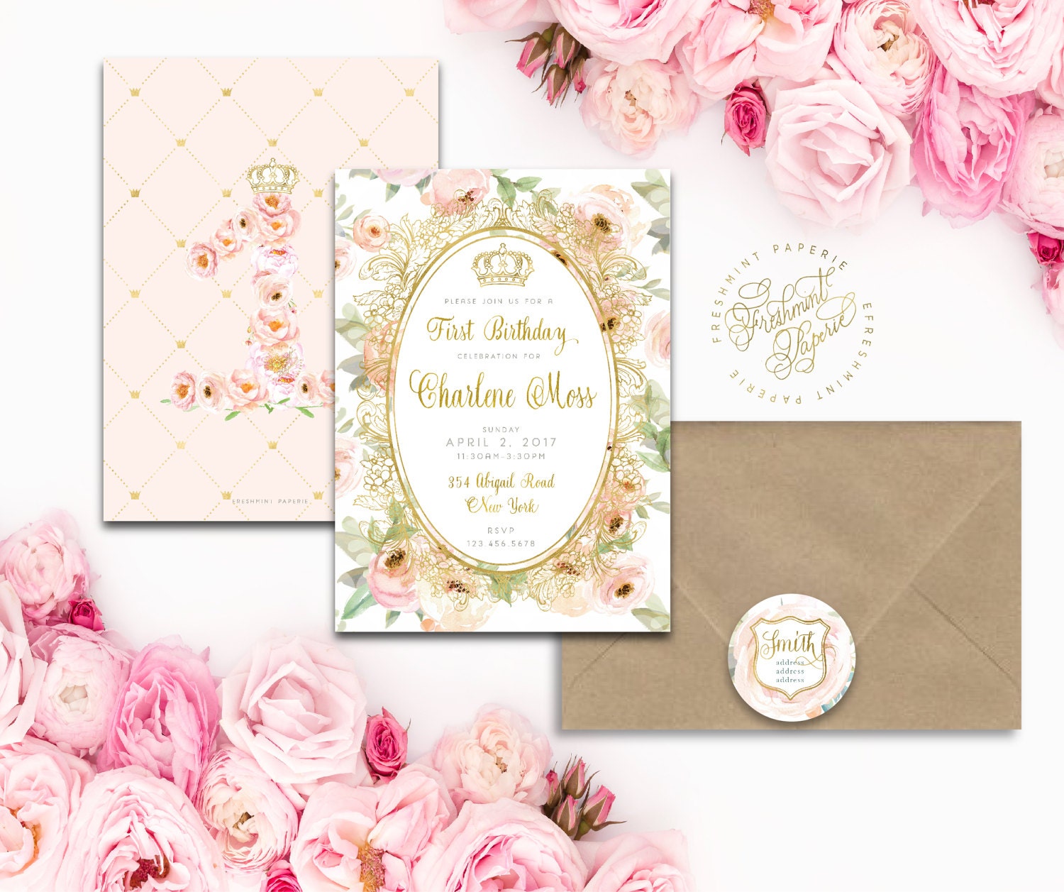 Blush Floral Invitation - First Birthday Laduree Inspired Freshmint Paperie