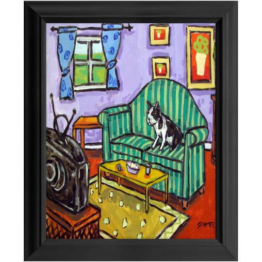 Boston Terrier Watching Tv Dog Art Print 11x14 Readyt To Hang Framed Artwork
