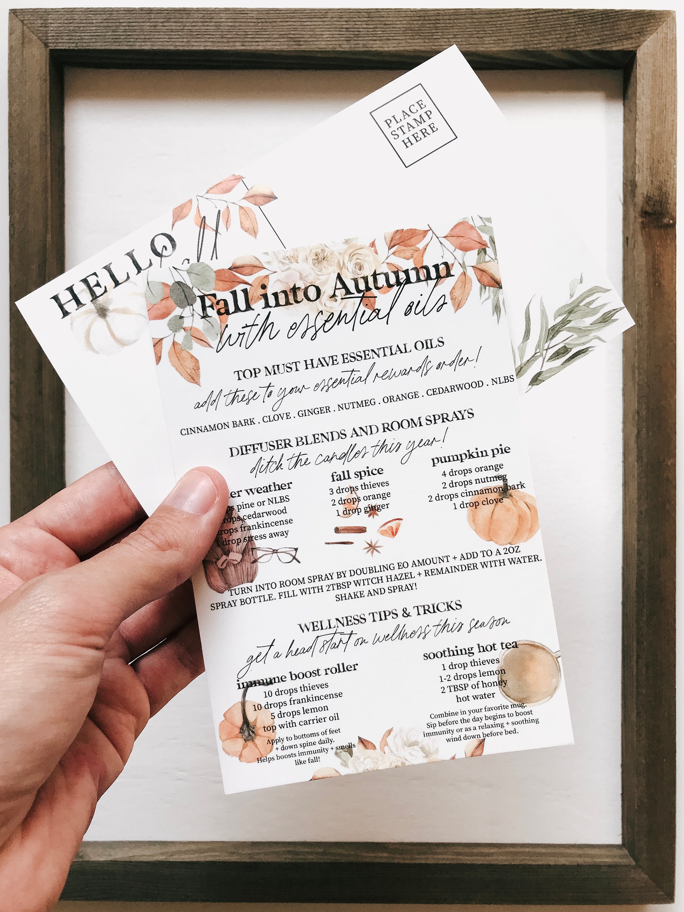 Printed Fall Diffuser Blends Recipe Card | Autumn Essential Oil Blend Recipes Postcard 4x6 & 5x7