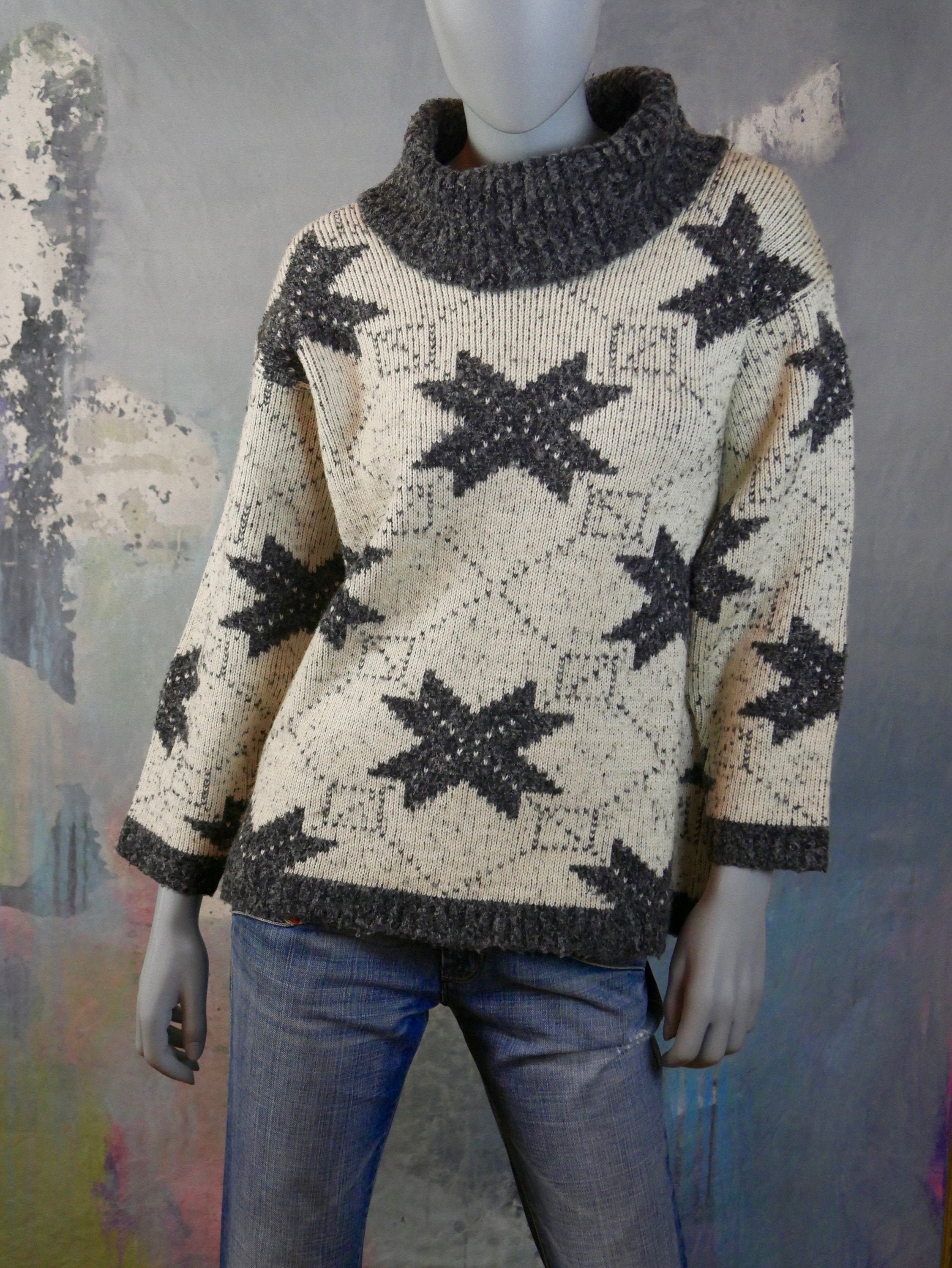 Turtleneck Sweater, 1990S French Vintage Cream & Gray Plush Winter Wool Blend Knit Pullover Jumper Size 12 Us, 16 Uk