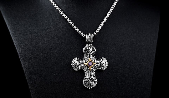 Gothic Spanish Cross with Purple Cz Stainless Steel Medieval Christian Pendant Jewelry