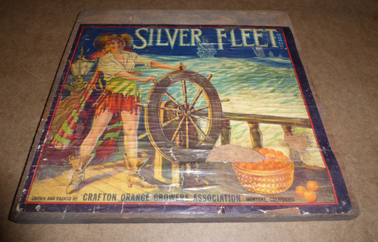 Original Vintage Citrus Crate Label On Wood Box End 1930S Silver Fleet Pirate Girl Nautical Mentone Crafton Redlands Very Rare