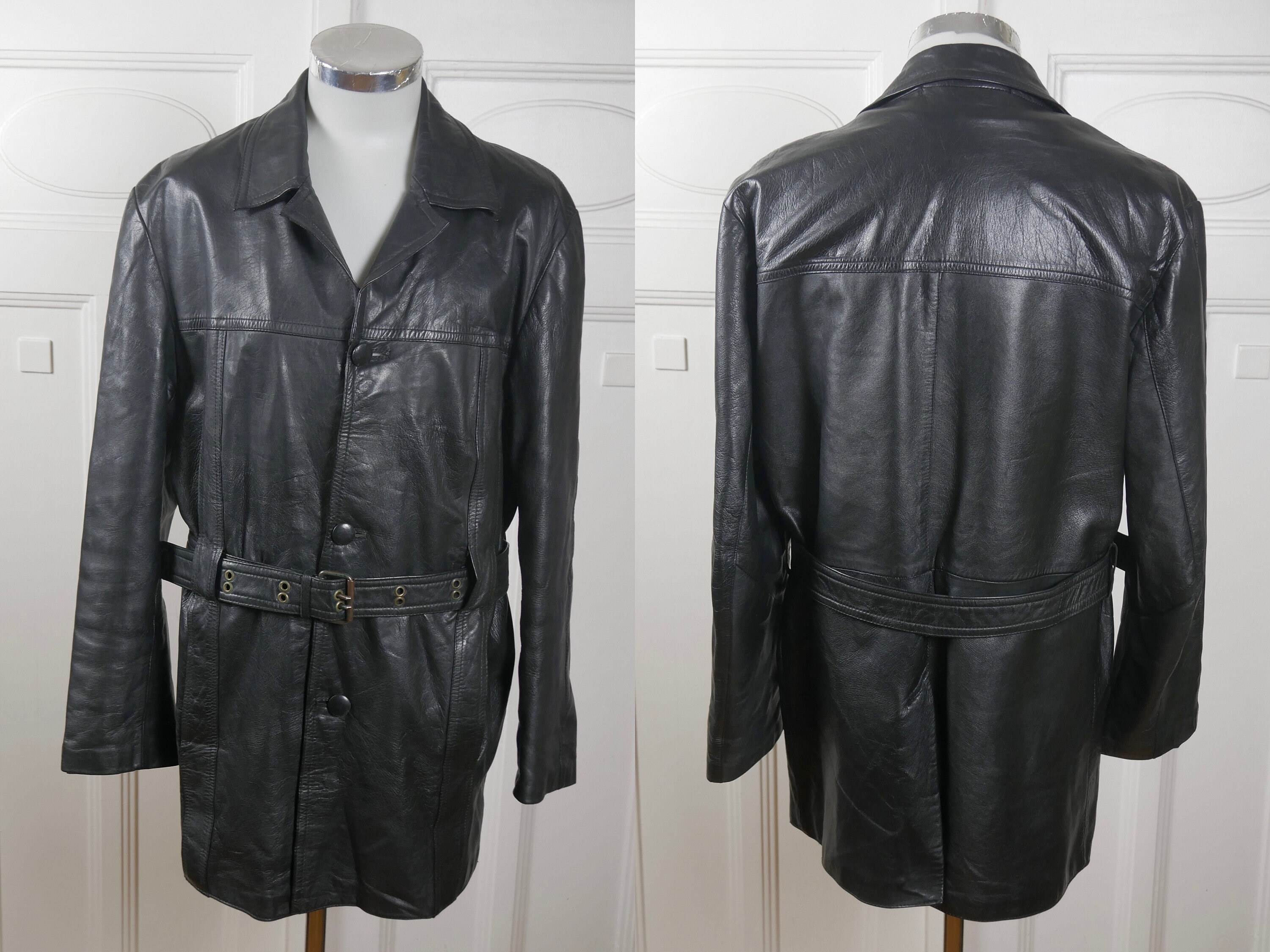 1980S Black Leather Jacket, European Vintage Belted Scandinavian Car Coat, Made in Finland Size 42 Us/Uk