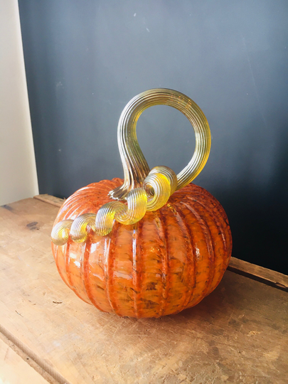 Classic Orange Hand Blown Glass Pumpkin With Iridescent Gold Stem