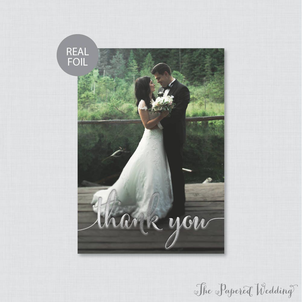 Real Silver Foil Wedding Thank You Cards - Silver Foil Pressed Photo Personalized Stamped 0002