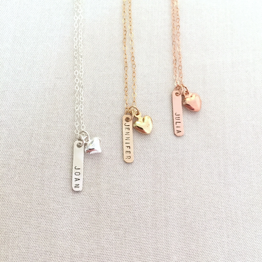 Hand Stamped Bar Necklace, Skinny Custom Name Heart Charm, Bridesmaid Baby Girl Personalized