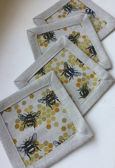 Mug Rug Bees Cells Coasters Linen Blend Fabric 2 Layer Set 2, 4 Or 6