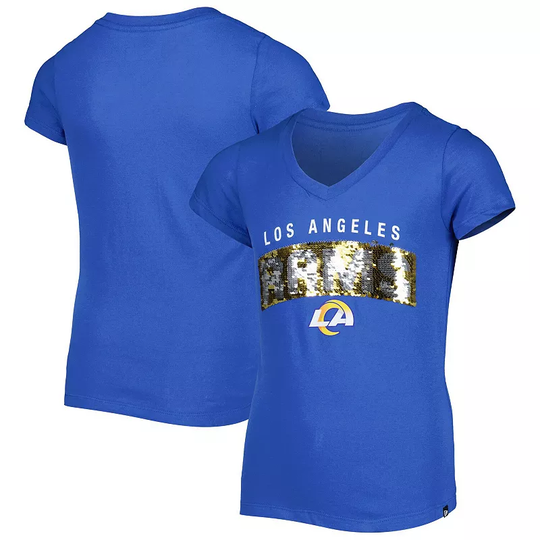 Girls Youth New Era Royal Los Angeles Rams Reverse Sequin Wordmark V-Neck T-Shirt, Girl's, Size: Youth XS, Blue