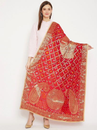 Women's Silk Blend Red & Golden Woven Design Dupatta, Bandhani Technique, Gotta Patti, Has A Taping Border Free Shipping