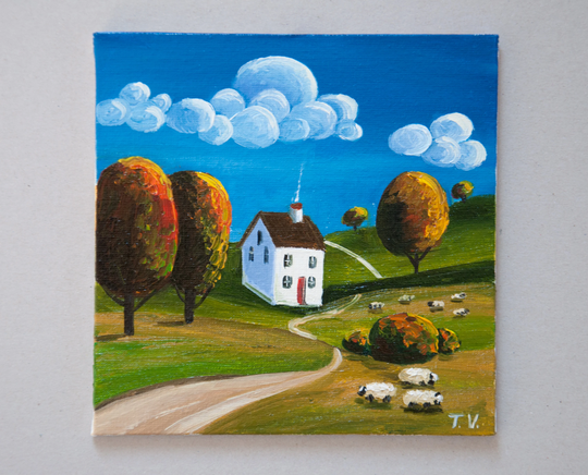 Naive Rustic Landscape Painting Original Art Folk Primitive House With Sheep Country On Small Canvas 6"x 6"