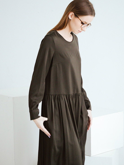 Dark Green Wool Blend Loose Fitting Dress, Flattering Skirt Dress With Long Sleeves, Maxi Lengths Fit & Flare