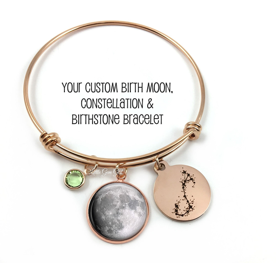 Stainless Steel Rose Gold Custom Birth Moon Bangle Bracelet With Birthstone & Zodiac Sign - Personalized Phase Jewelry