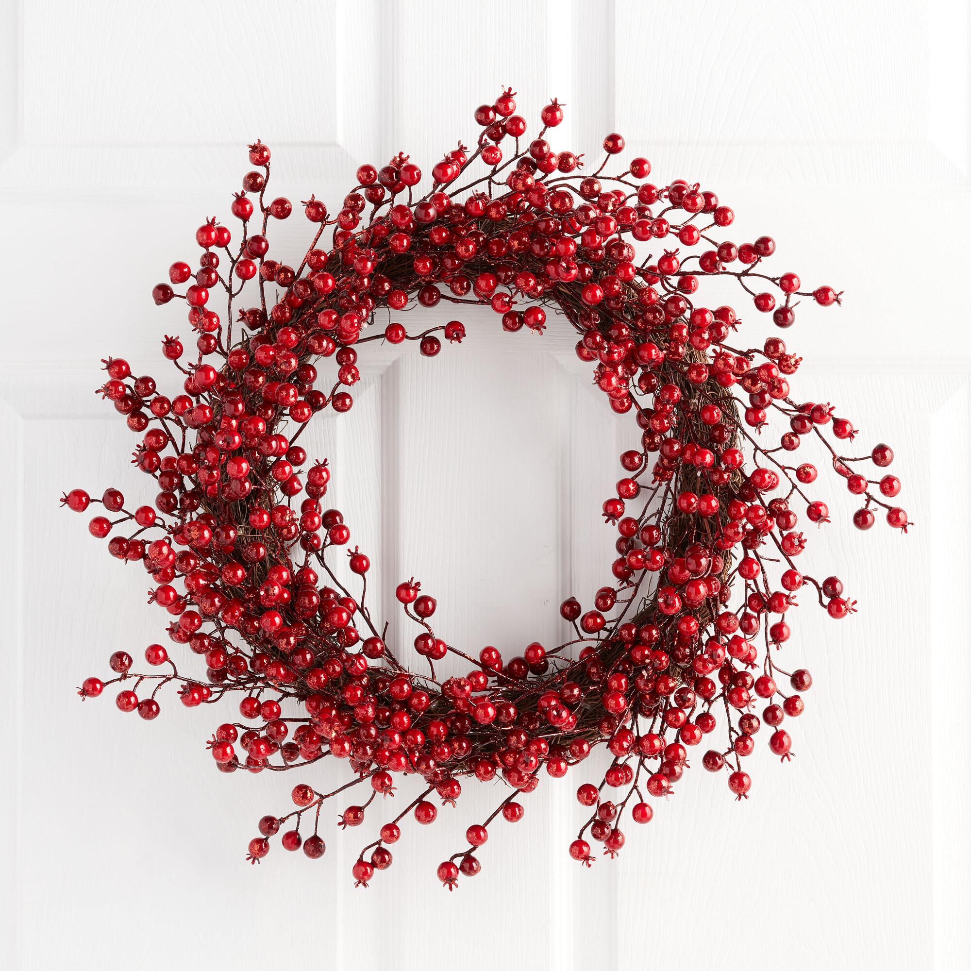 Pier Place Red Faux Berry and Twig Glitter Wreath: Brown/Red - Plastic by World Market