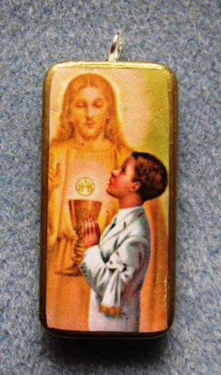 Holy Communion Jesus Boy Catholic Art Recycled Domino Pendant Necklace Hc1