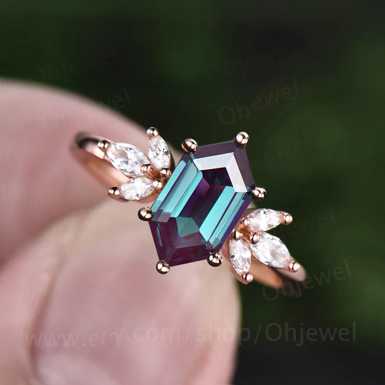 Alexandrite Anniversary Promise Ring Long Hexagon Cut Engagement 14K Rose Gold Silver Art Deco Diamond For Women Gift