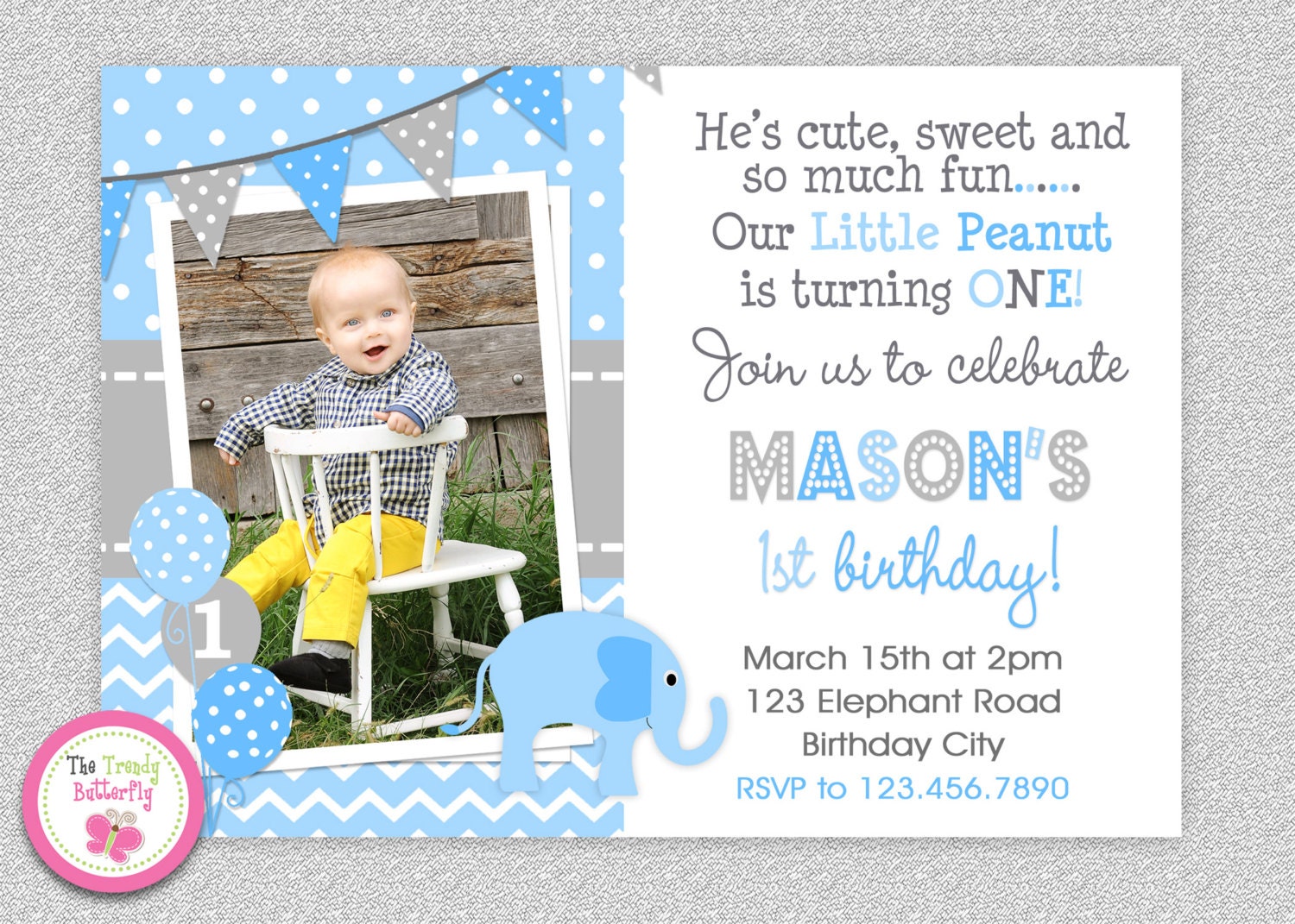 Boys Elephant Birthday Invitation , 1st Invitation, Little Peanut Blue
