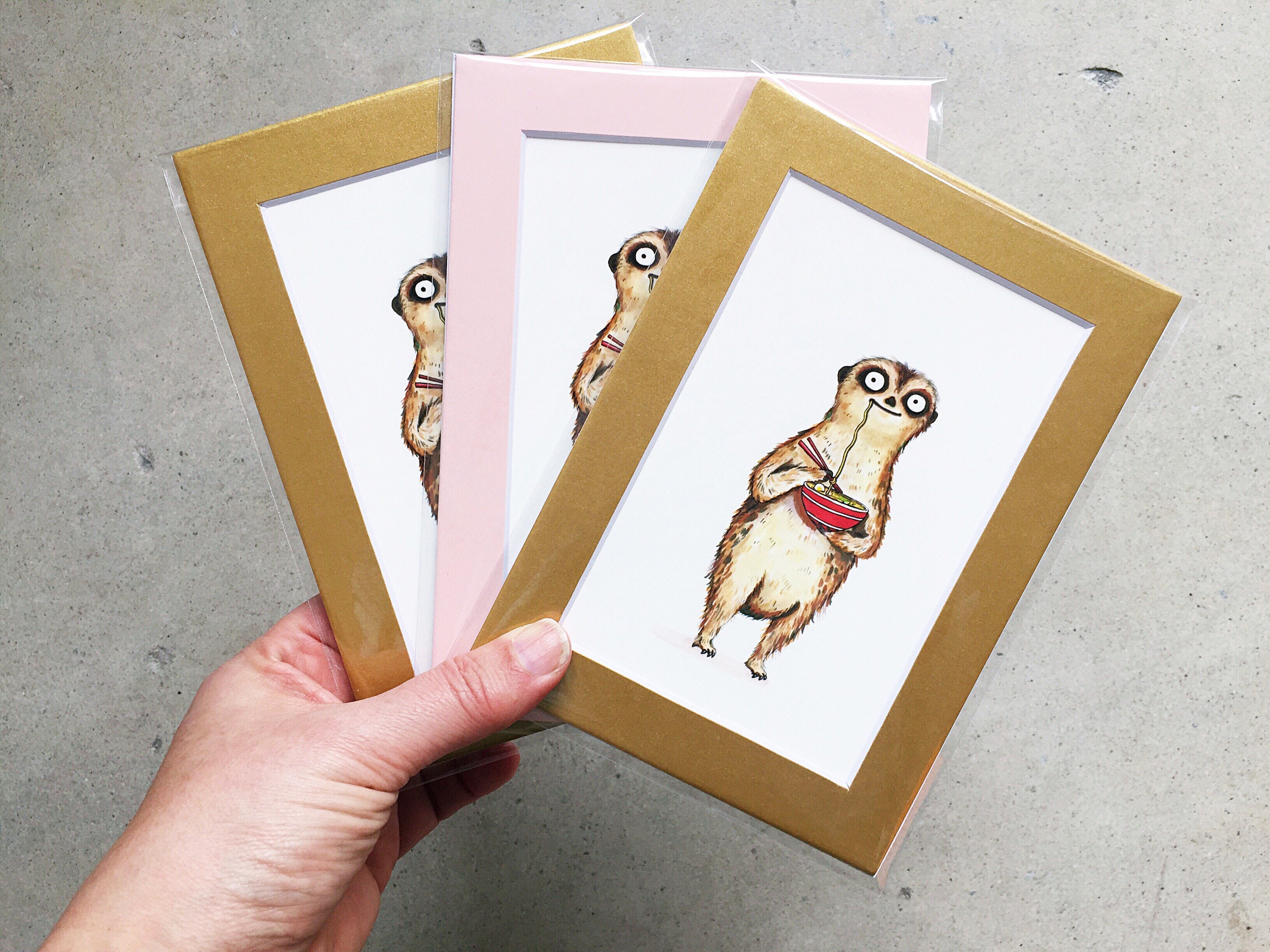 Meerkat With Noodles Painting, Cute Meerkat Art, Ramen Illustration, Funny Cat Nursery Kids Room Art - 5x7 Mat Print
