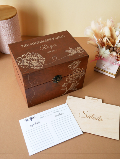 Wooden Recipe Box With Dividers, Card Box, Gift For Mom, Grandmother, Wedding Gift