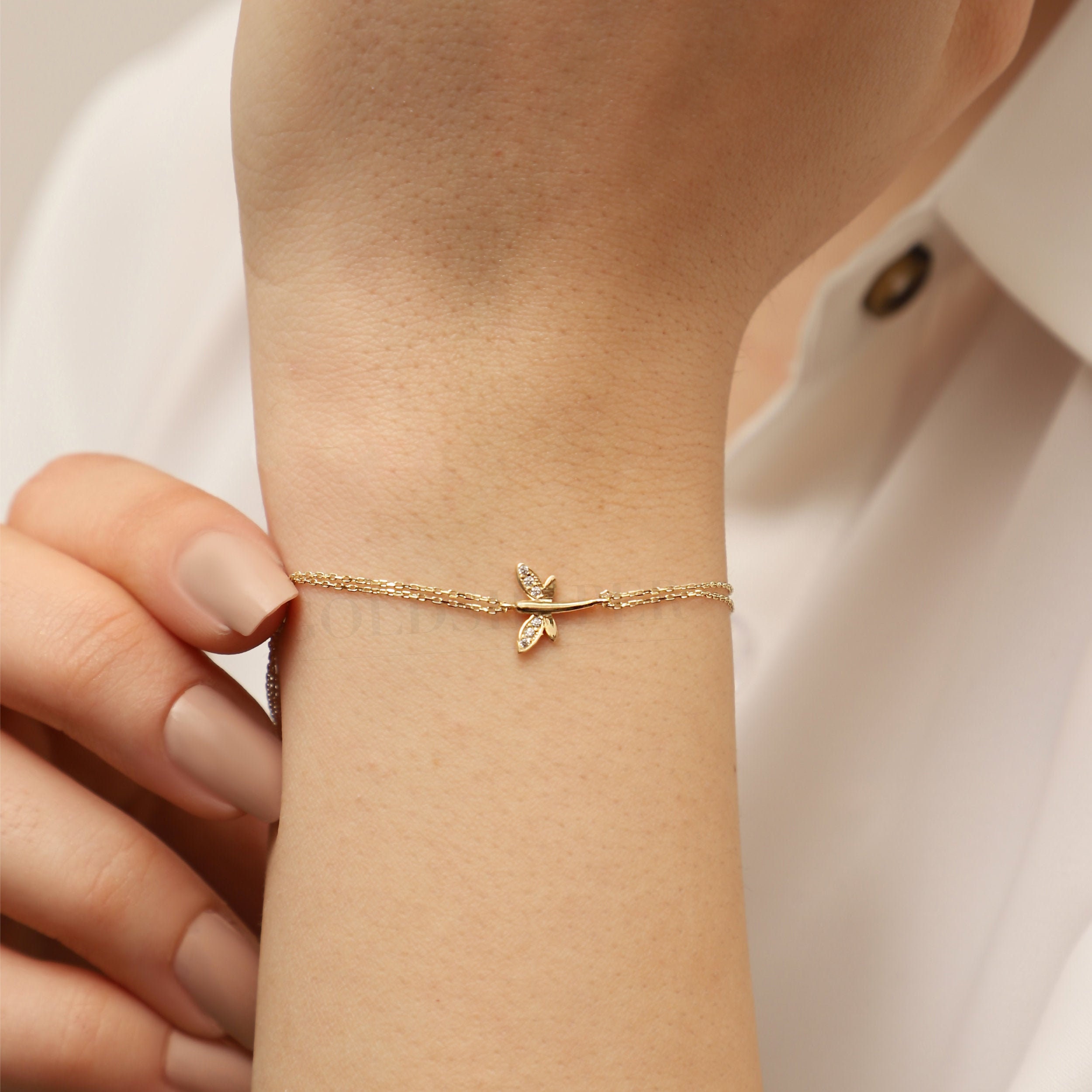 Dragonfly Bracelet, 14K Solid Gold Animal Valentine's Day Gift, Gift For Her, Birthday Gift