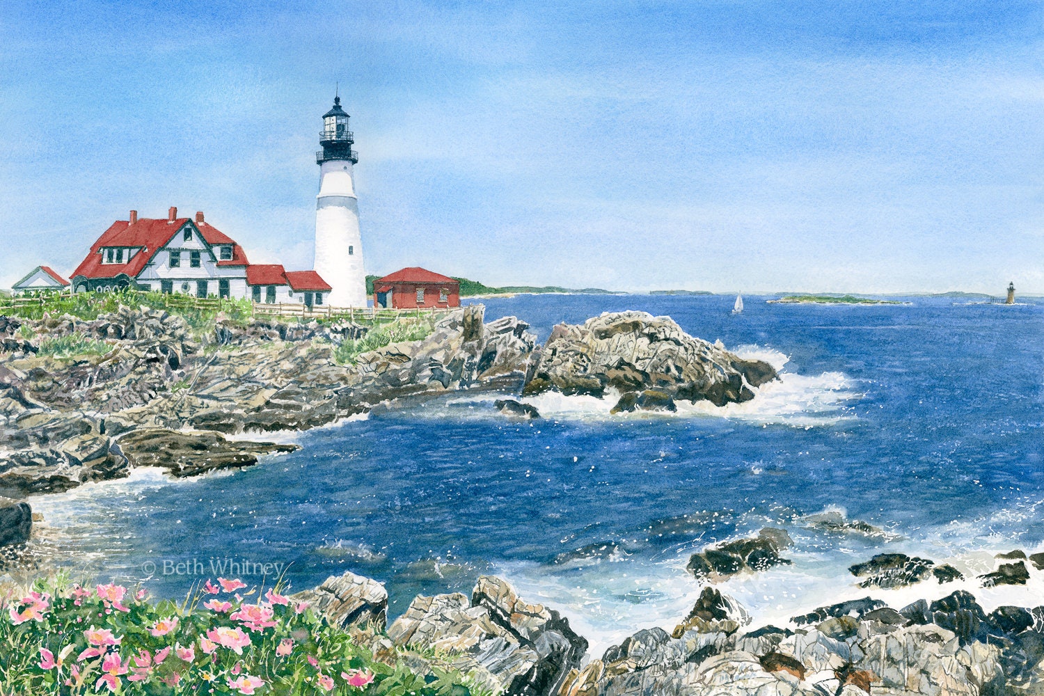 Portland Head Light Watercolor Art Print - Portland, Maine Cape Elizabeth Lighthouse Painting Casco Bay Coastal Decor
