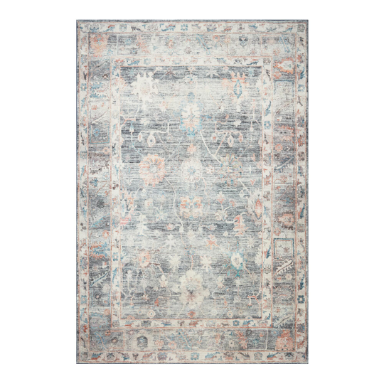 Gray Floral Distressed Persian Style Zoe Area Rug - Polyester - Runner by World Market
