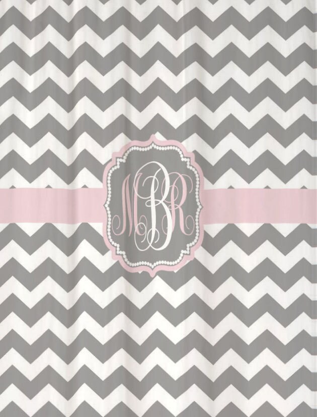 Shower Curtain Chevron Fabric You Choose Colors 70, 74, 78, 84, Or 96 Inch Extra Long Monogram Personalized Shown Cool Gray & Blushing