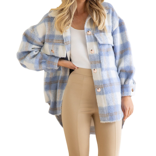 Womens Flannel Wool Blend Plaid Button Down Shacket Jacket Thick Coat - Blue, S