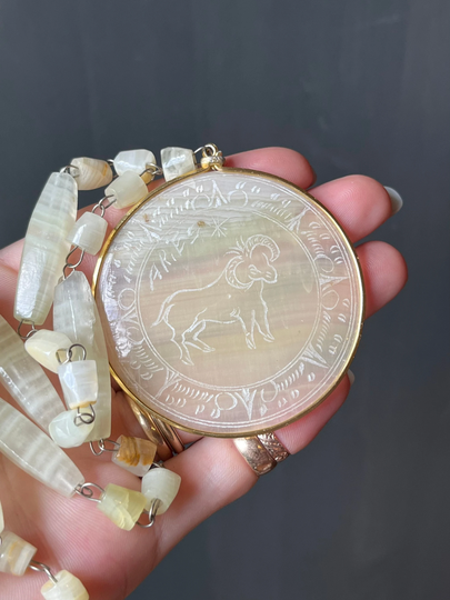 Vintage Carved Banded Agate Aries Zodiac Ram Rosary Style Necklace