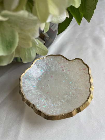 Handmade Resin Trinket/Ring Dish in Glistening White With Opalescent Flakes Edged Gold Leafing