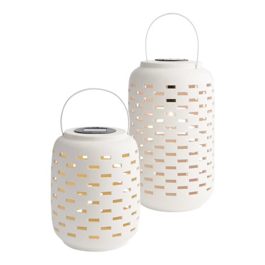 White Geo Dashes Ceramic Solar LED Lantern by World Market