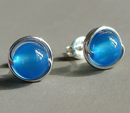 Blue Agate Studs 8mm 6mm Onyx Post Wire Wrapped in Sterling Silver Stud Earrings