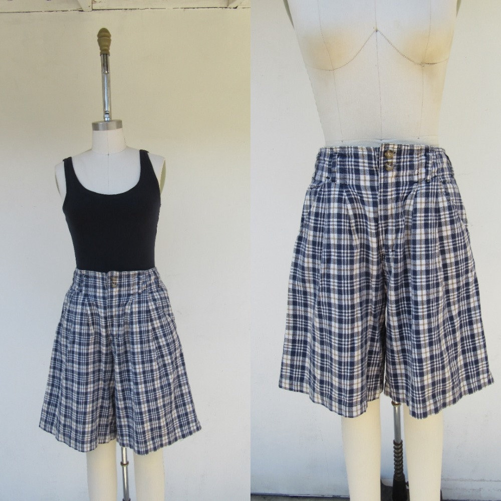 90S Cotton Ramie Blend High Waist Pleated Plaid Shorts | Longlined Rise Preppy Minimal Checkered Size 10 28