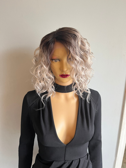 Short Curly Dark Roots To Silver Side Parting Human Hair Blend Daily Wig