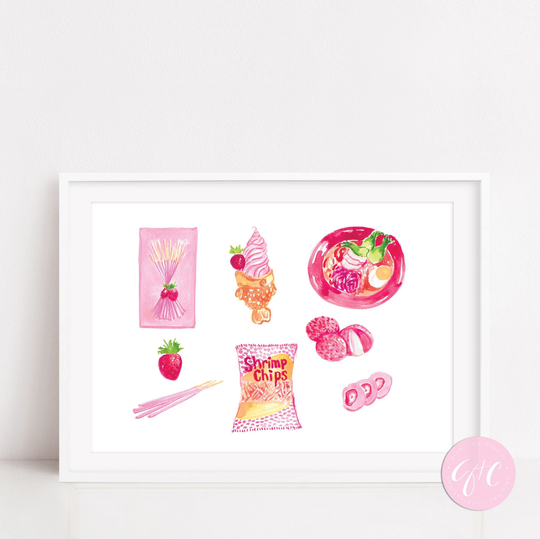 Asian Snacks, Ramen, Shrimp Chips, Pocky, Lychee, Art Print, Watercolor Art, Printed Watercolor, Illustration, Pink Decor, Wall