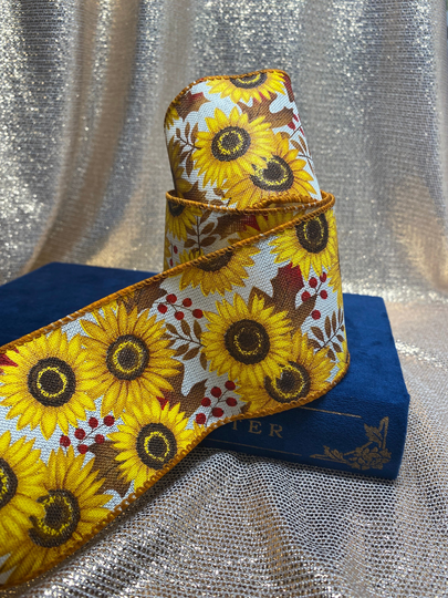 Fall Sunflower Wired Ribbon Harvest Autumn Thanksgiving Leaves Berries