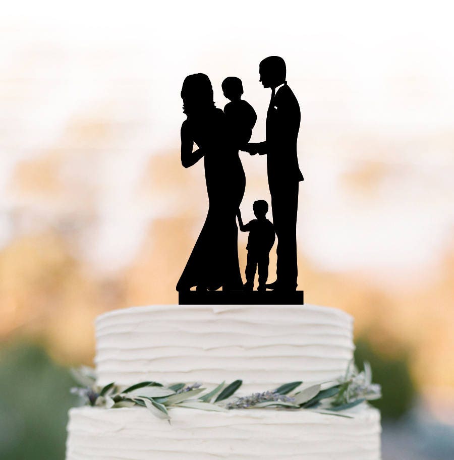 Family Wedding Cake Topper With Baby & Boy, Bride Groom Two Son Silhouette Wedding Cake