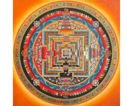Original Hand Painted Fine Quality Kalchakra Mandala Thangka | Orange Colored Tibetan Buddhist Wheel Of Time Religious Wall Decor