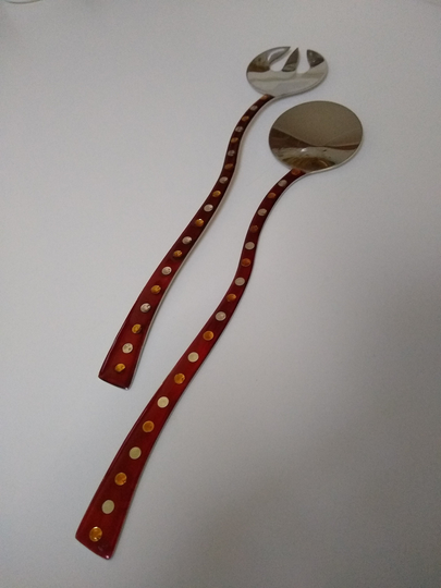 Retro, Glam Salad Fork & Spoon, Long 13 1/2" Polished Steel With Red Handles