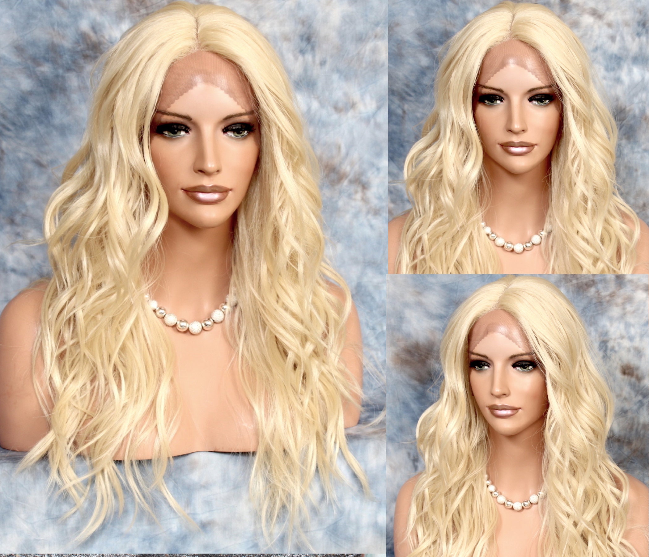 Human Hair Blend Wig Natural Relaxed Beachy Waves Bleach Blonde Hand Tied Monofilament Center Part Heat Ok Cancer/Alopecia/Cosplay