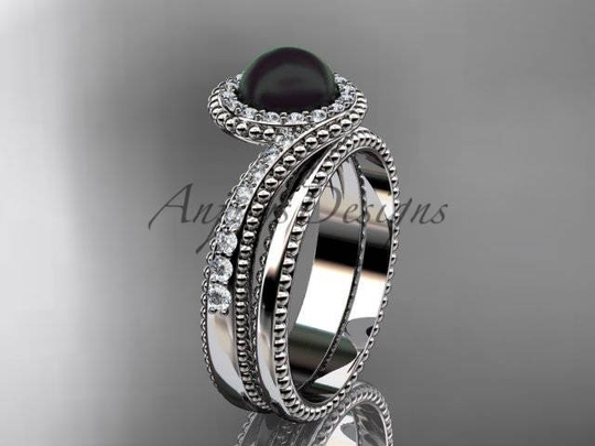 Pearl Bridal Set Engagement Ring Antique Black Platinum Diamond Abp379S