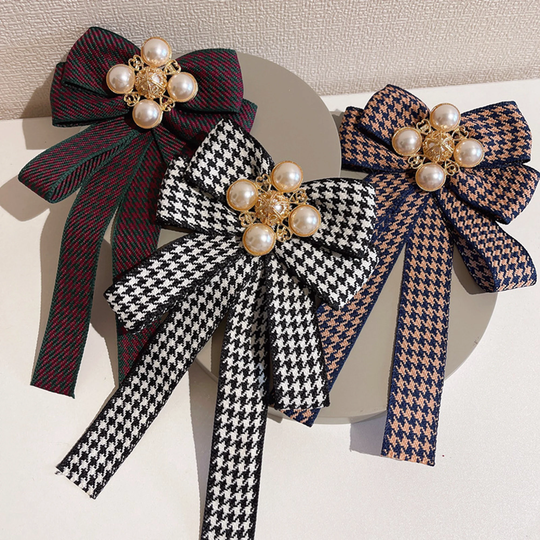 Tartan Bowknot Bow Tie Brooch, Hand Made Black Ribbon Brooch Pin With Pearl Decor, Simple Daily Accessories For Dress Shirt