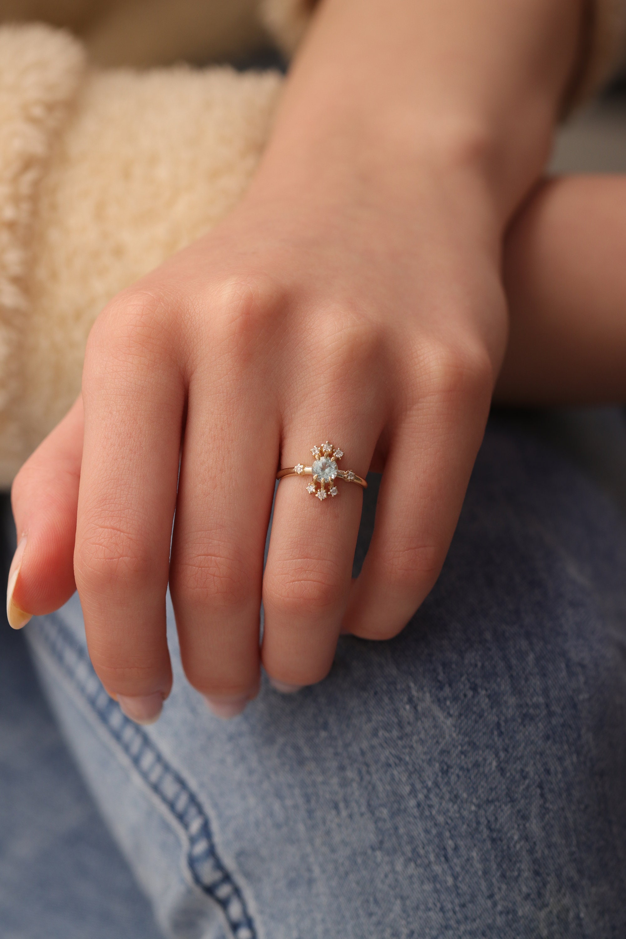 14K & 18K Genuine 5mm Sky Blue Topaz With Diamond Ring/Gold Available in Gold, Rose & White